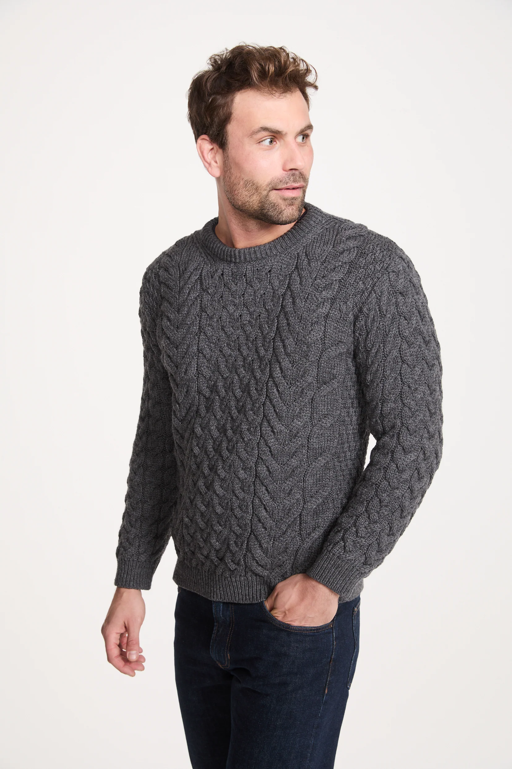 Omey Mens Aran Crew Neck Sweater - Charcoal - Image 3
