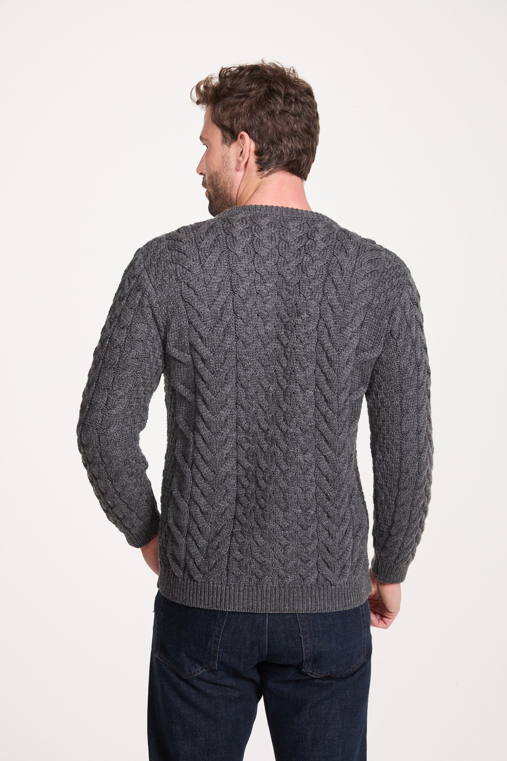 Omey Mens Aran Crew Neck Sweater - Charcoal - Image 6
