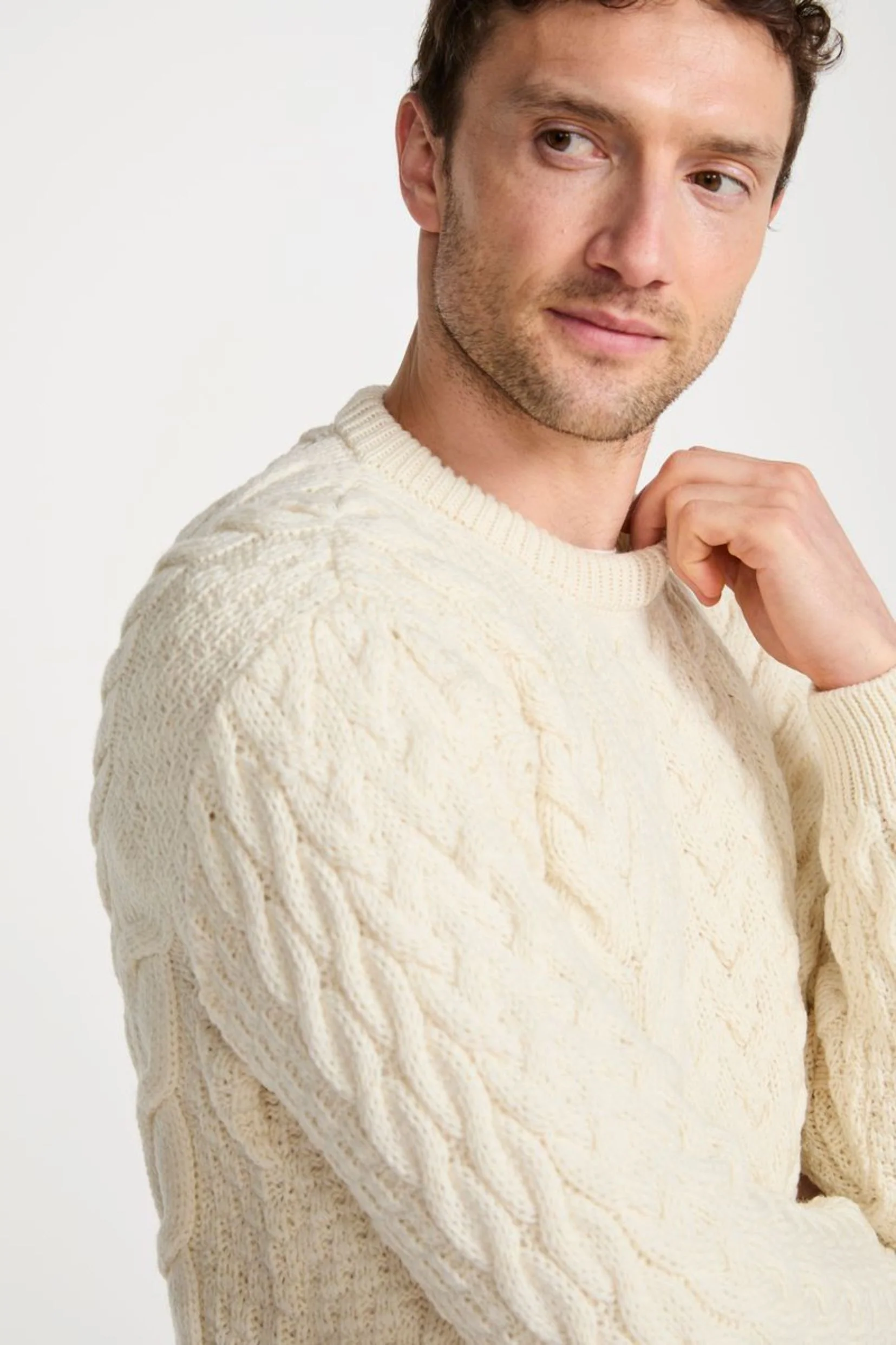 Omey Mens Aran Crew Neck Sweater - Cream - Image 3