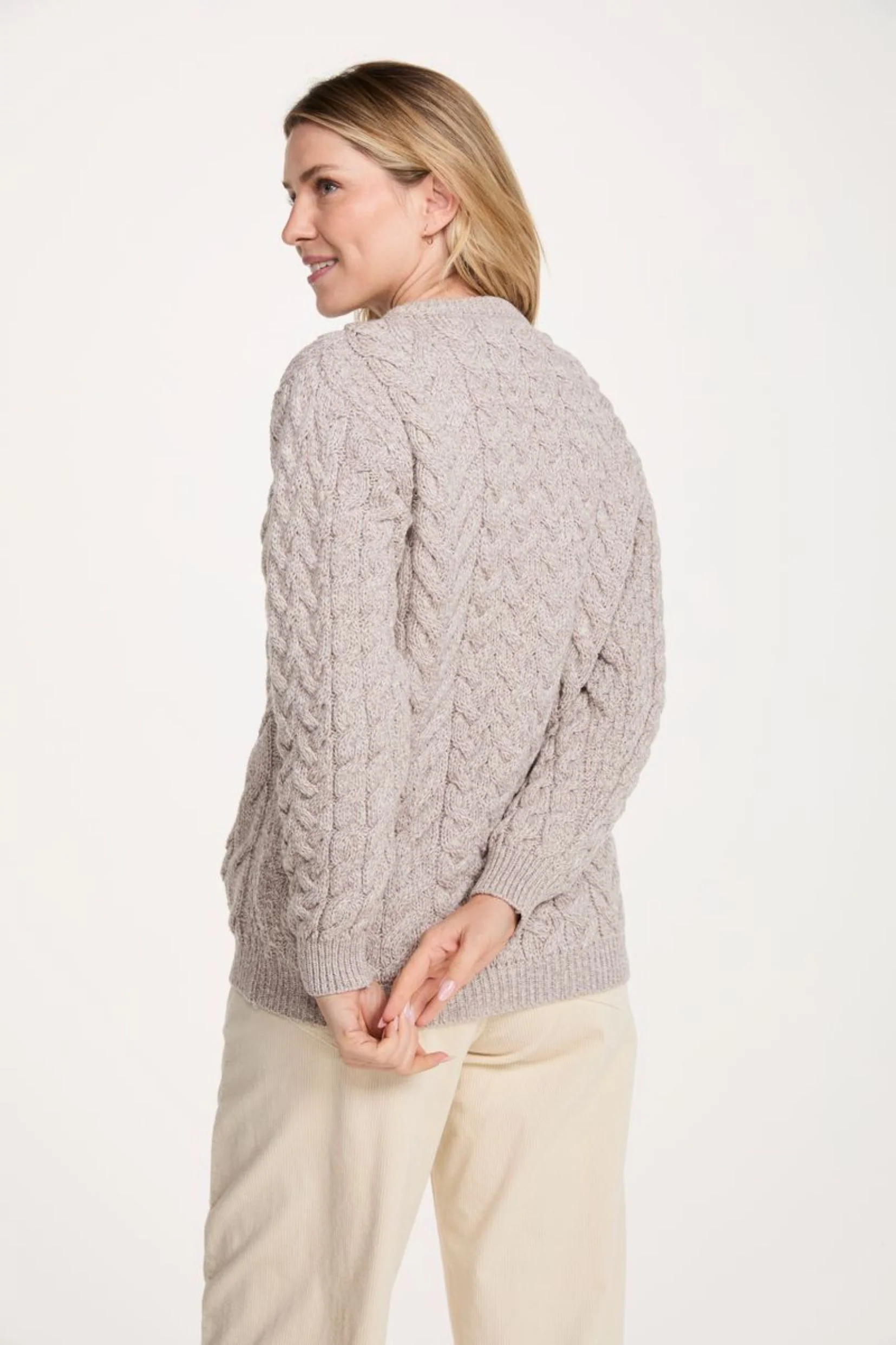Omey Ladies Aran Crew Neck Sweater - Oat - Image 3