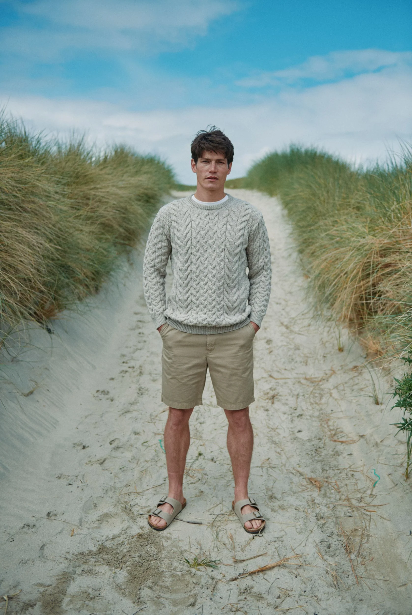 Omey Mens Aran Crew Neck Sweater - Oat - Image 3