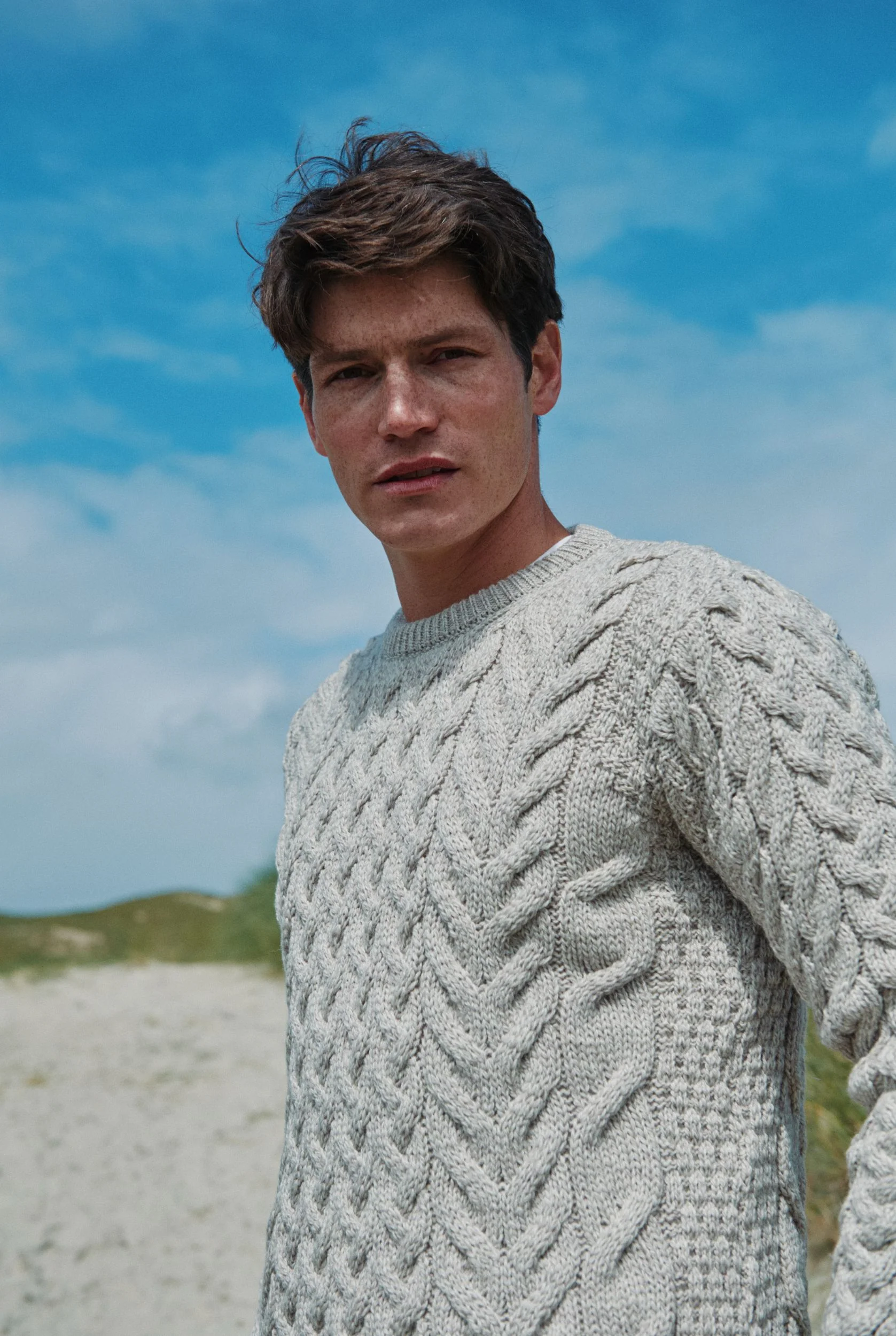 Omey Mens Aran Crew Neck Sweater - Oat - Image 4