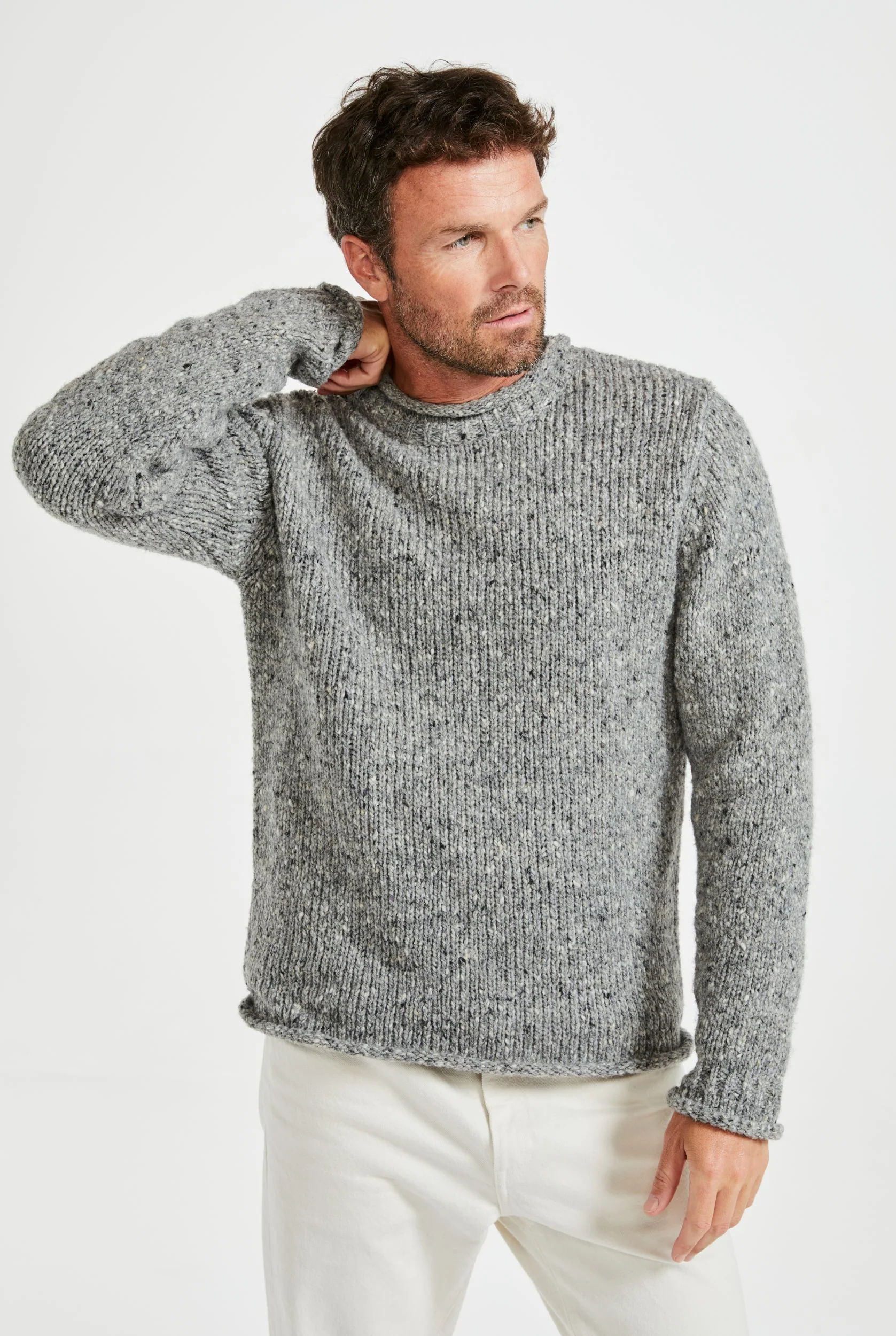 Raheen Tweed Roll Neck Mens Sweater - Light Grey - Image 3