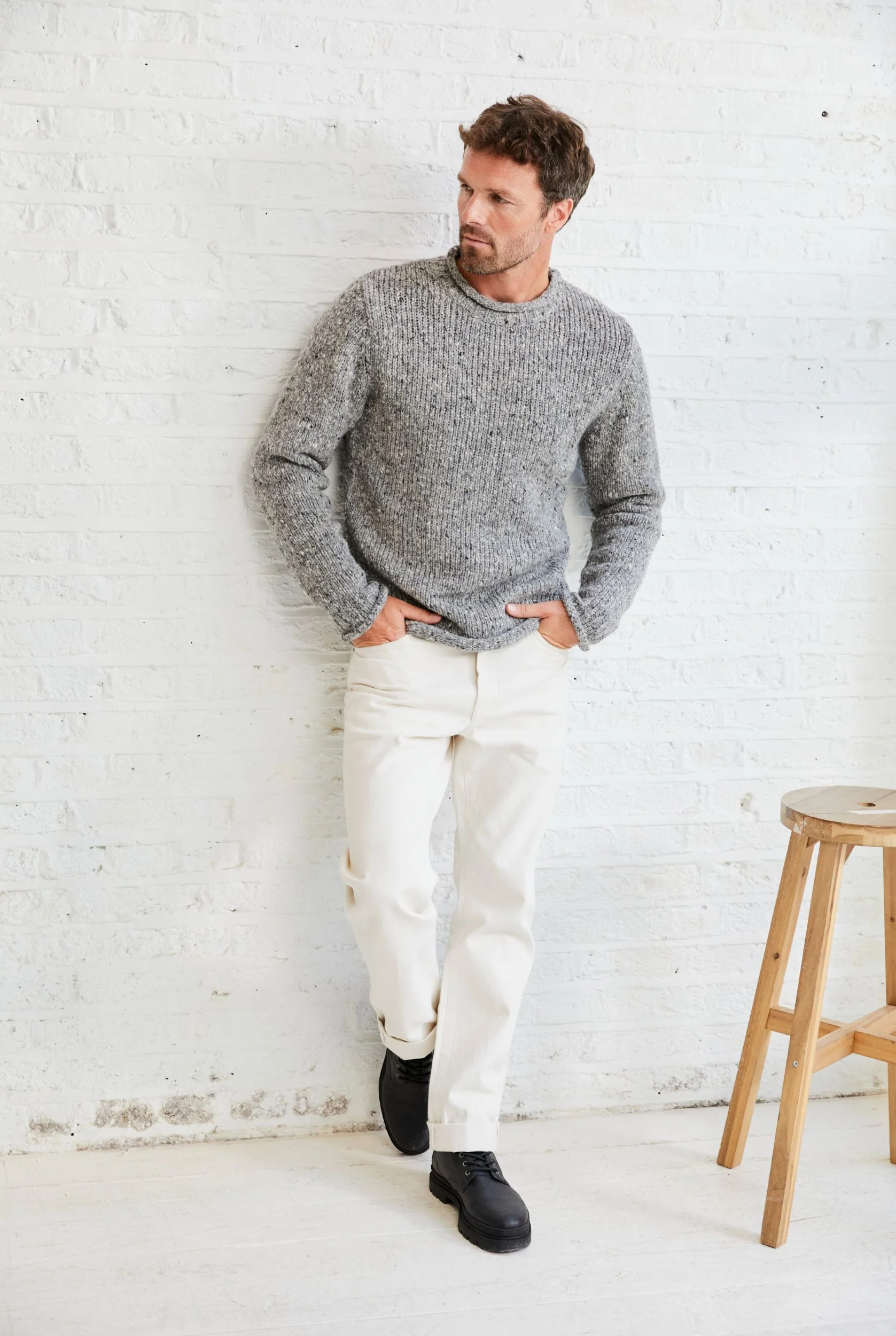 Raheen Tweed Roll Neck Mens Sweater - Light Grey - Image 5