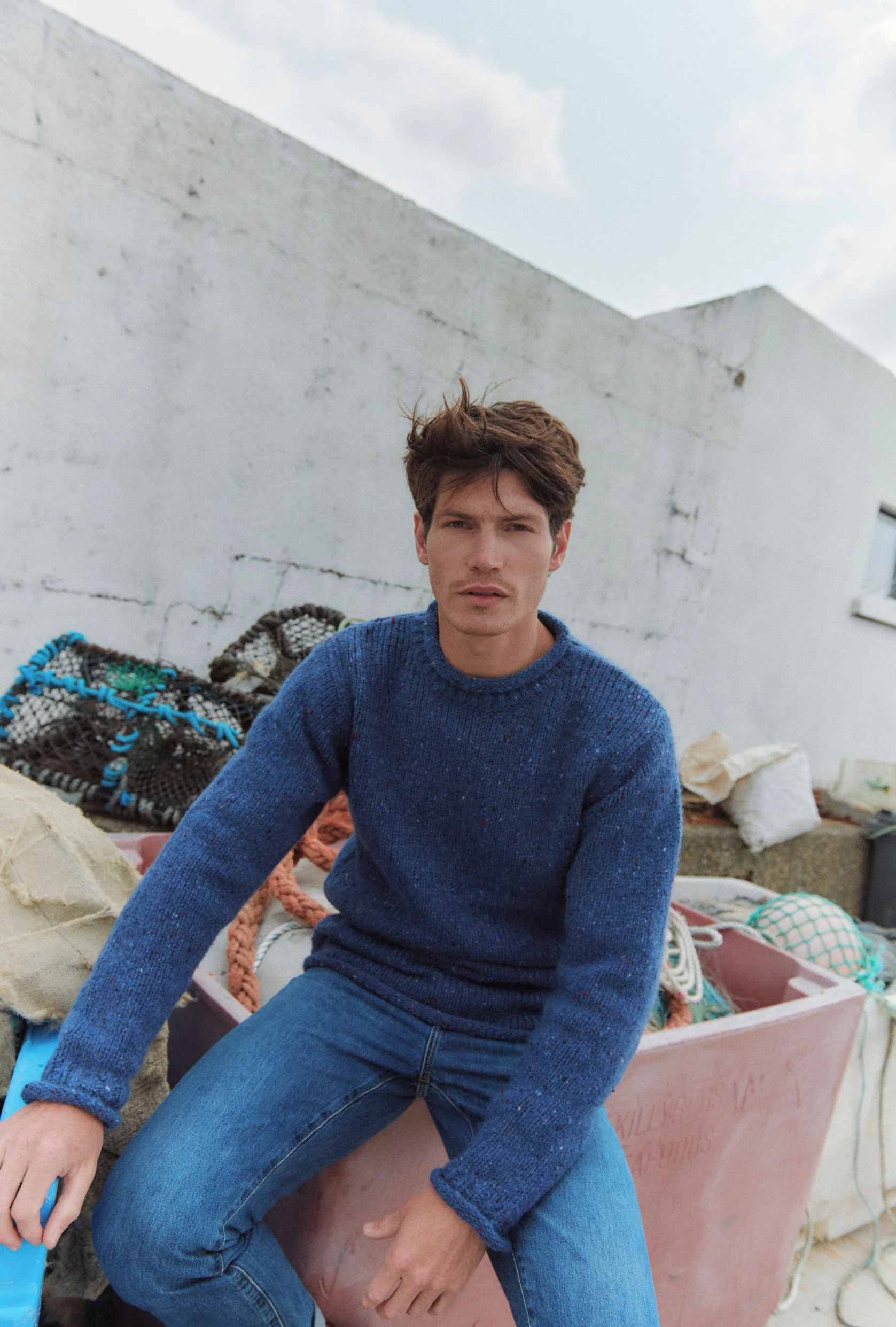 Raheen Tweed Roll Neck Mens Sweater - Denim - Image 3