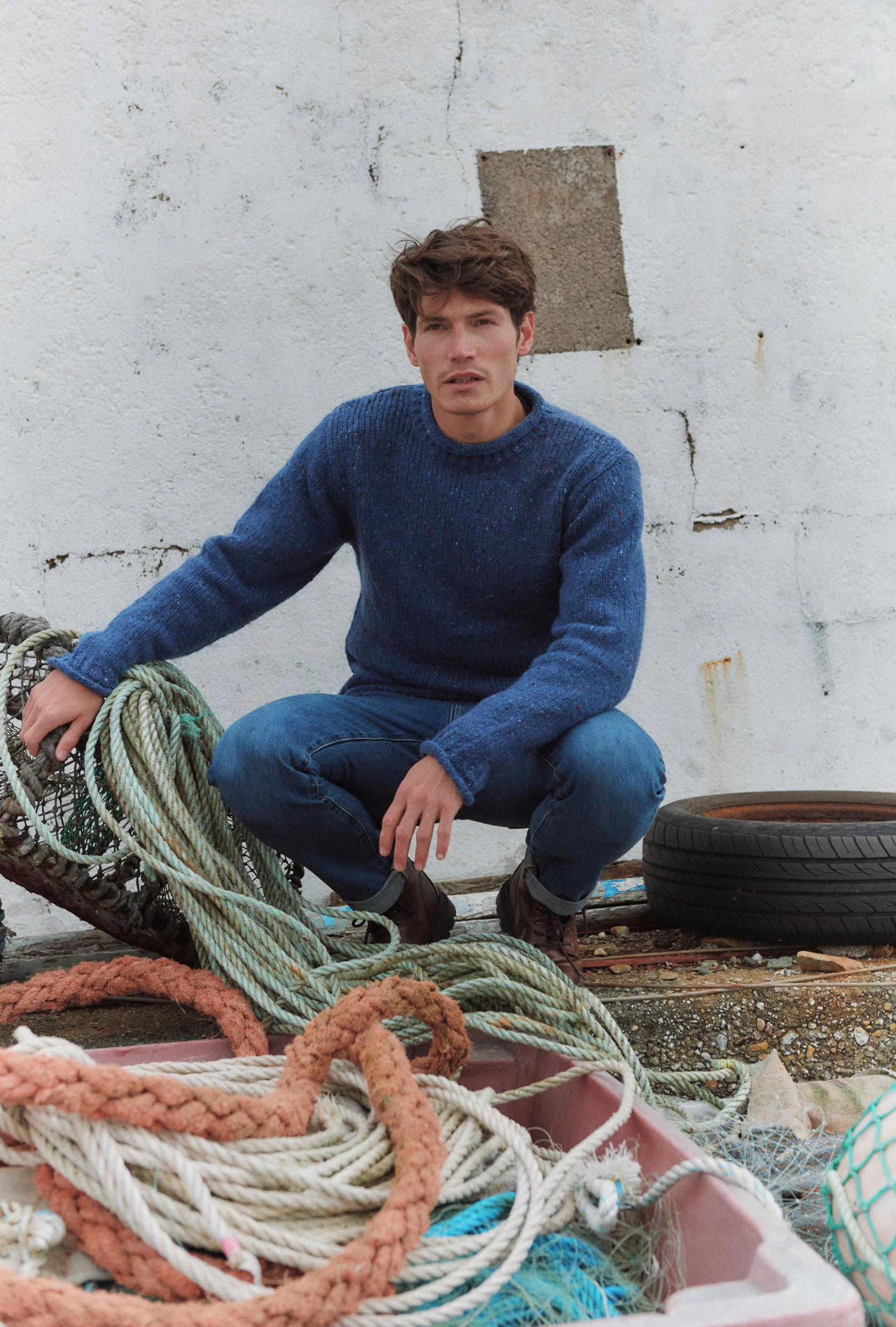 Raheen Tweed Roll Neck Mens Sweater - Denim - Image 4