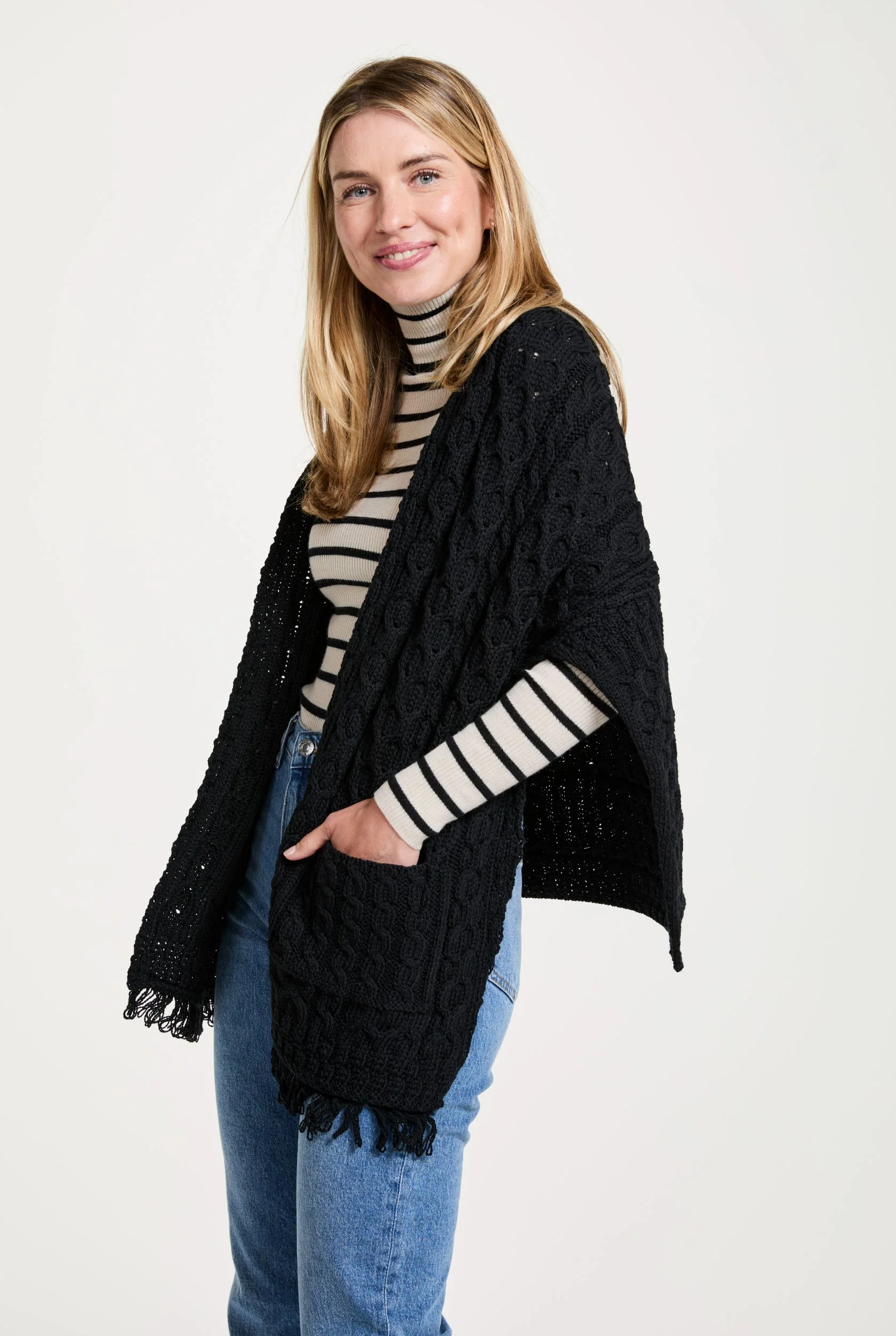 Shannon Throwover Merino Aran Wrap With Pocket - Black - Image 3