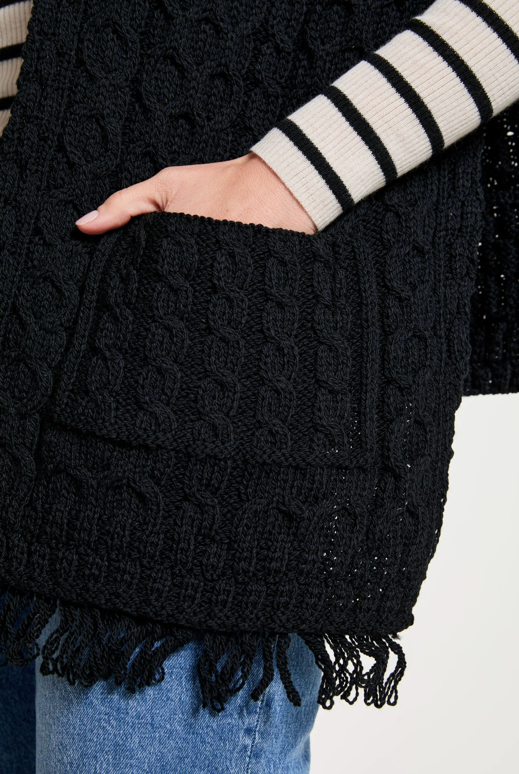 Shannon Throwover Merino Aran Wrap With Pocket - Black - Image 4