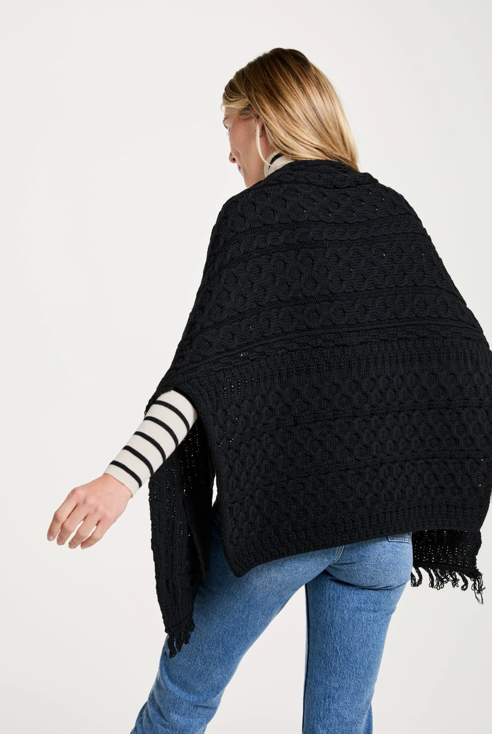 Shannon Throwover Merino Aran Wrap With Pocket - Black - Image 5