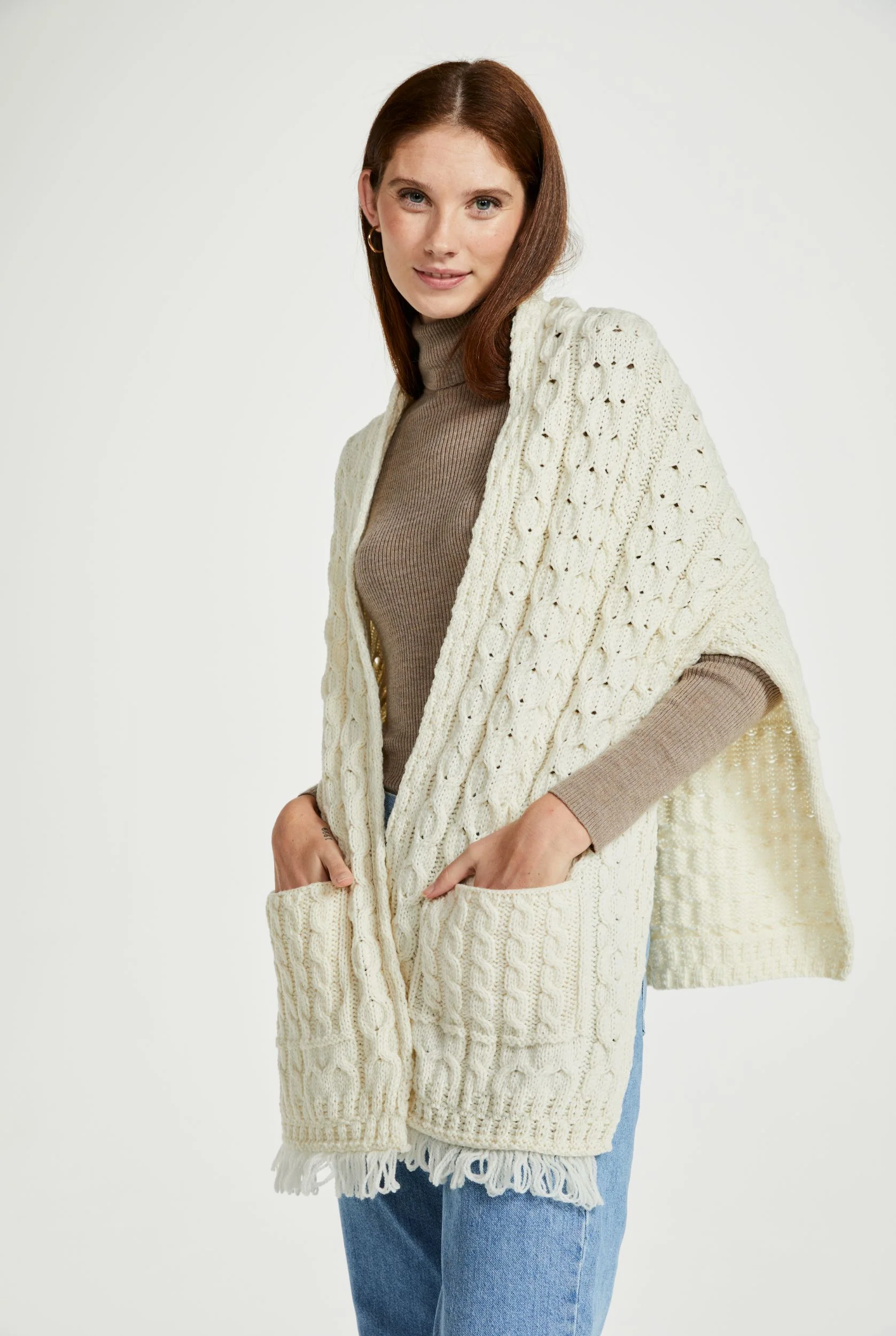 Shannon Throwover Merino Aran Wrap With Pocket - Cream - Image 3