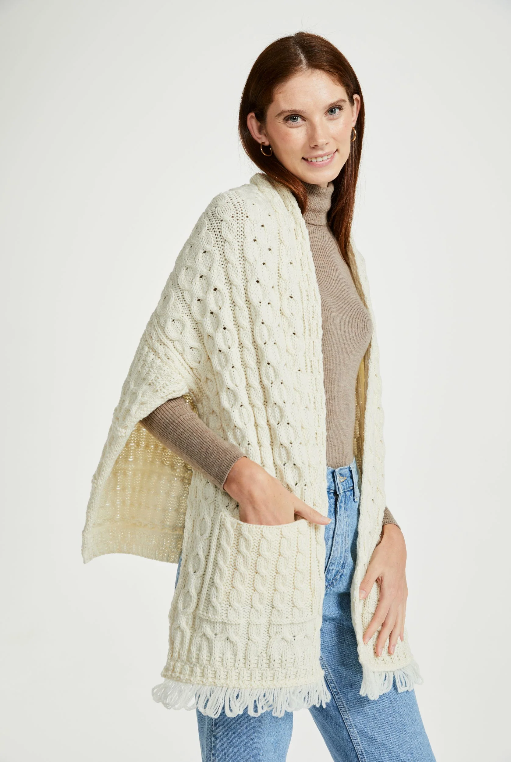 Shannon Throwover Merino Aran Wrap With Pocket - Cream - Image 4