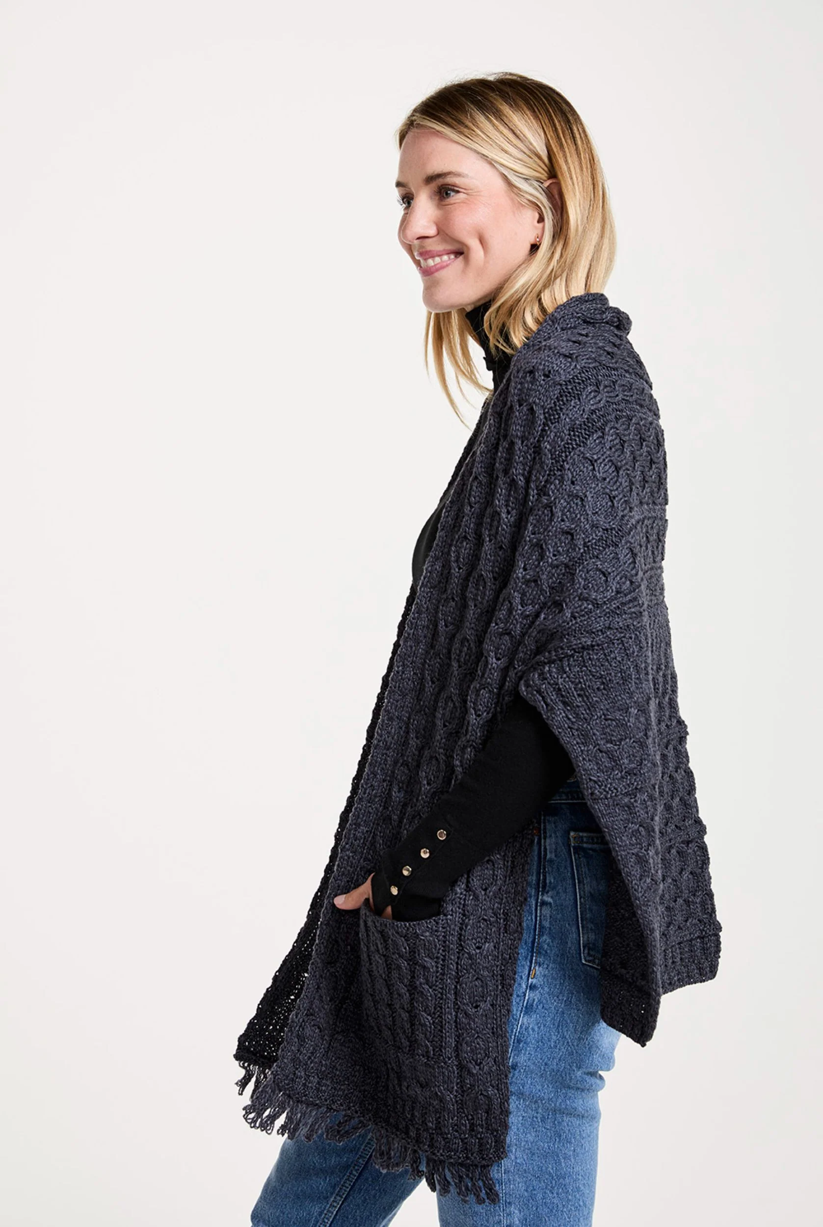 Shannon Throwover Merino Aran Wrap With Pocket - Grey - Image 3