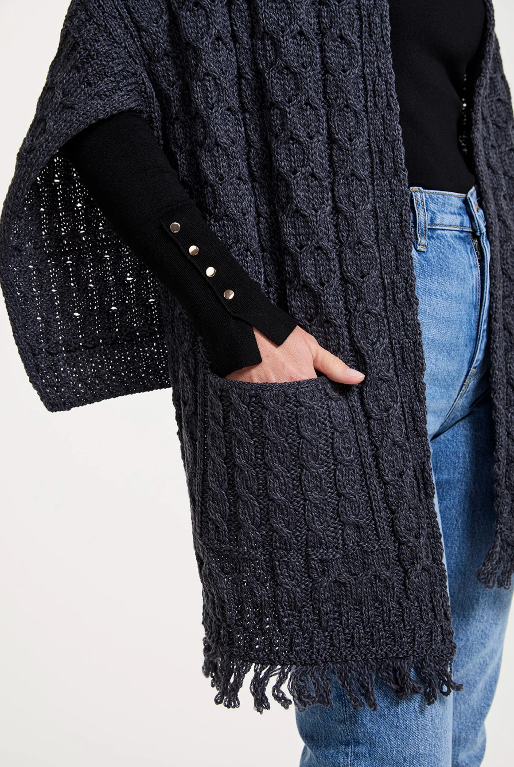 Shannon Throwover Merino Aran Wrap With Pocket - Grey - Image 4