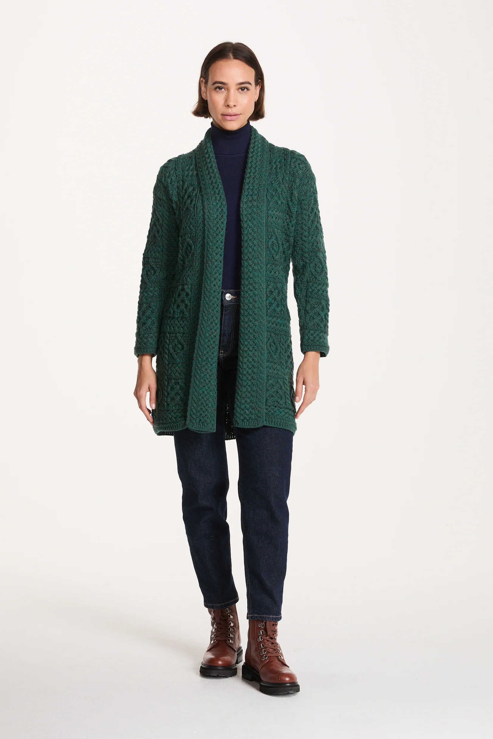 Tara Ladies Merino Aran Long Shawl Cardigan - Green - Image 3