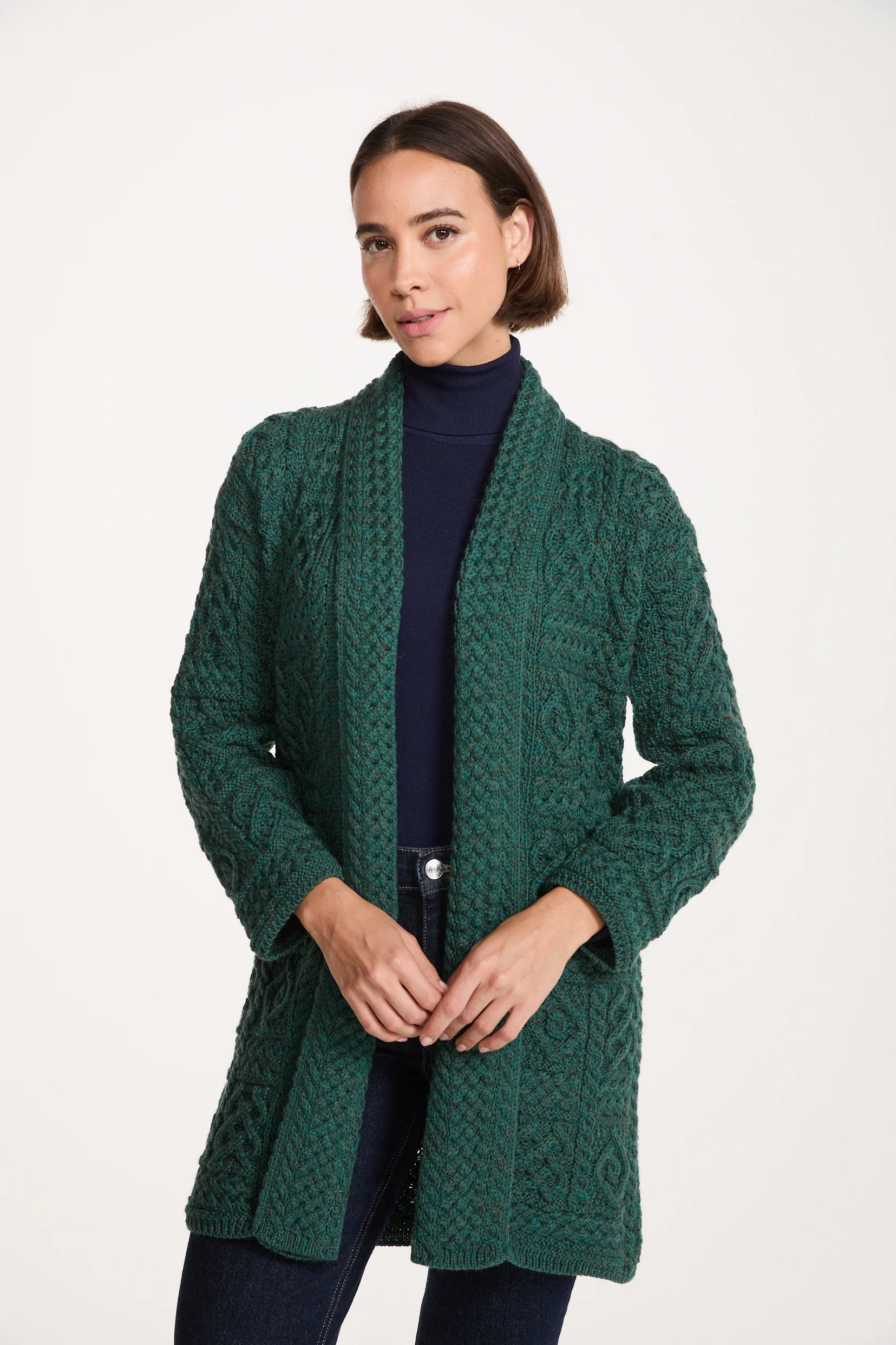 Tara Ladies Merino Aran Long Shawl Cardigan - Green - Image 4