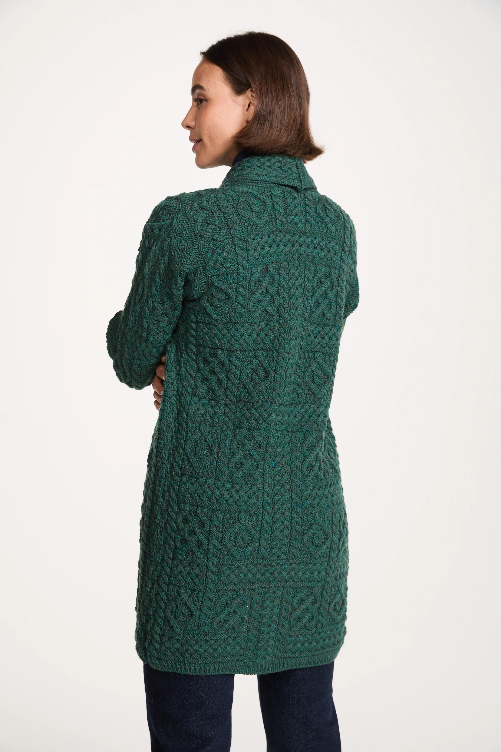 Tara Ladies Merino Aran Long Shawl Cardigan - Green - Image 5